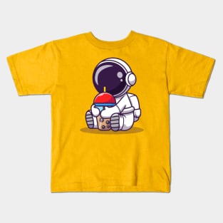 Cute Astronaut Drinking Boba Milk Tea Cartoon Kids T-Shirt